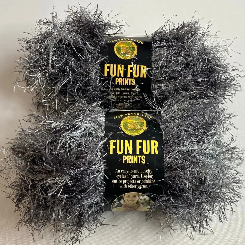 Lot Of 2 Lion Brand Fun Fur Prints Eyelash Yarn #204 Lava Black White Gray NWT